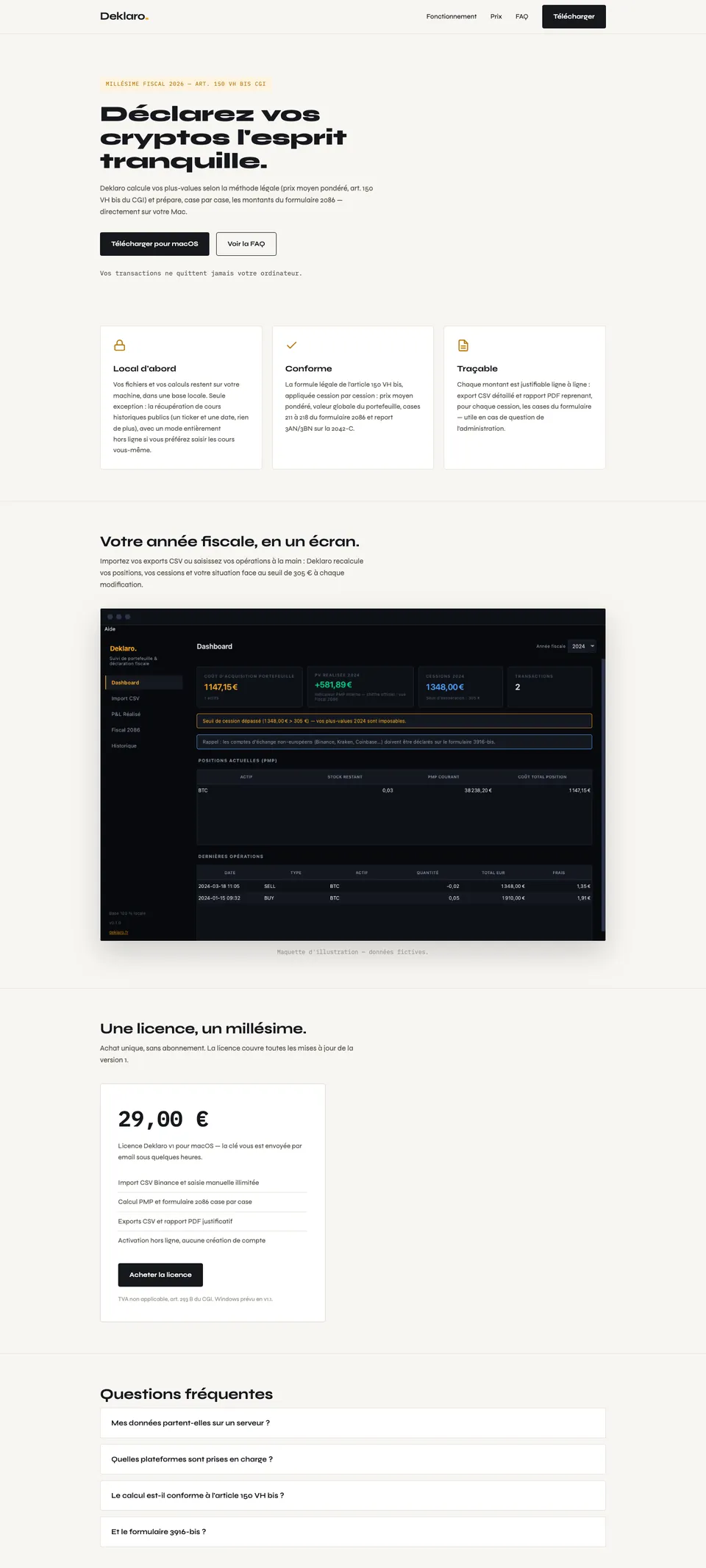 Page de présentation de Deklaro avec l’écran principal de l’application