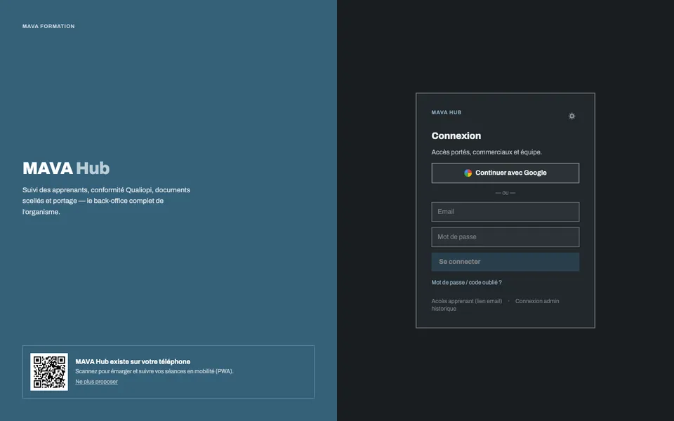 Page de connexion de MAVA Hub